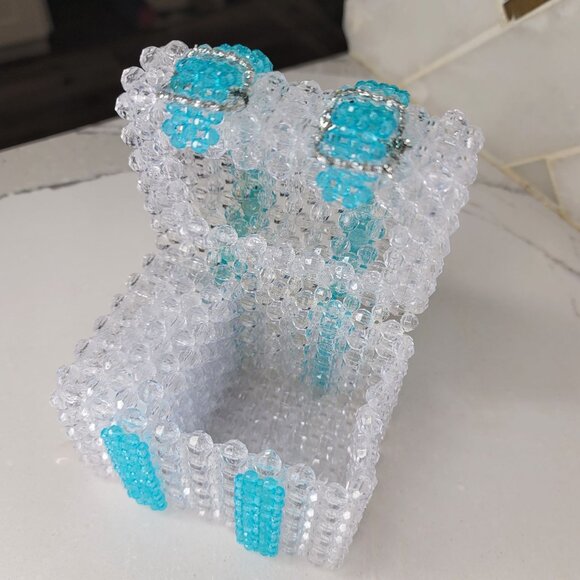 Handcrafted Beaded musical Jewelry trinket Box With Clear & Turquoise Beads - Picture 3 of 11